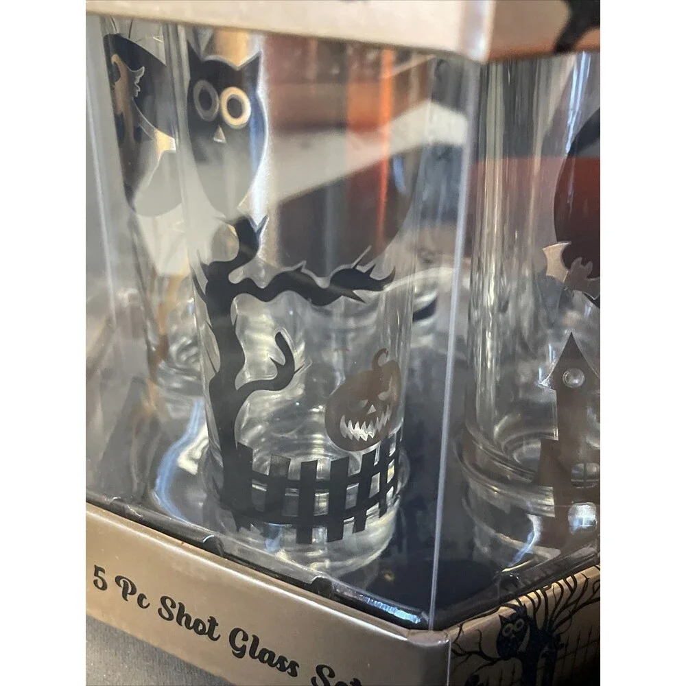 Halloween Shooters Shot Glass Set of 5 Witch Ghost RIP Bat Cat Haunted House NEW